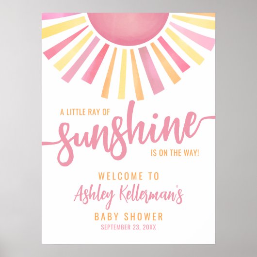 Ray Of Sunshine Pink Sun Baby Shower Welcome Sign ポスター (正面)