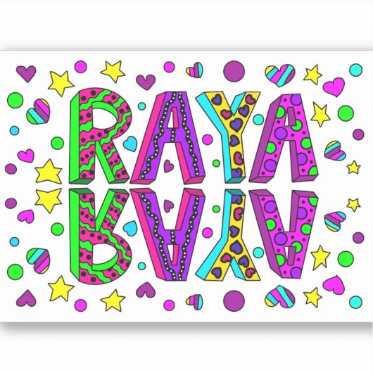 Raya, ラヤという名前の手描きファンシーイラスト シール (正面)