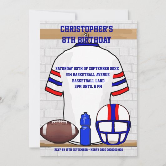 RBのフットボールのジャージーのパーソナライズで白い誕生日 招待状 (裏面)