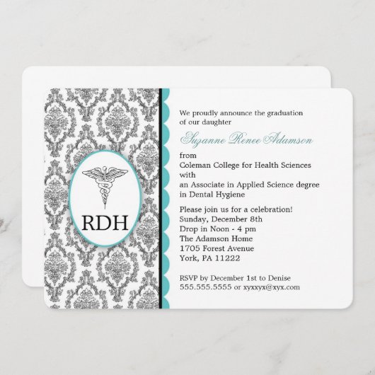 RDH卒業歯科衛生士衛生ダマスク 招待状 (正面/裏面)