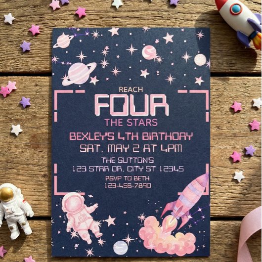 Reach Four the Stars Pink Space 4th Birthday 招待状