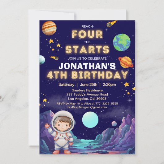 Reach Four the Stars Space Boy Birthday 4 招待状 (正面)