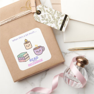 Read And Recharge Stickers Kawaii Book Lover Gift  スクエアシール