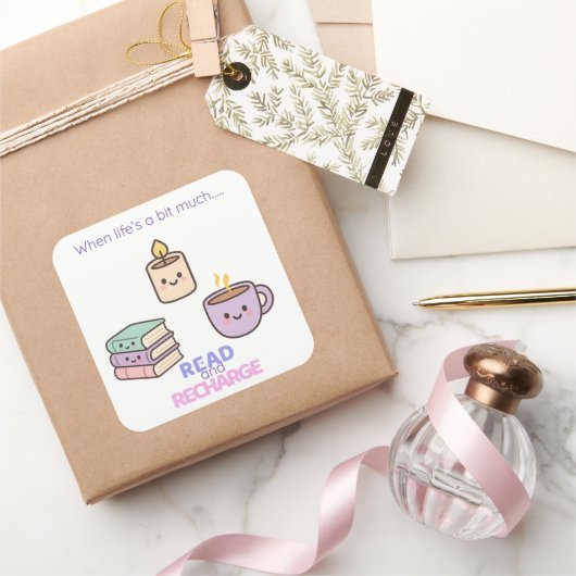 Read And Recharge Stickers Kawaii Book Lover Gift  スクエアシール (ギフト)