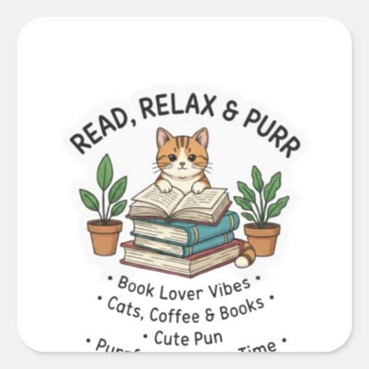 Read, Relax & Purr – Cute Cat Reading Books Sticke スクエアシール (正面)