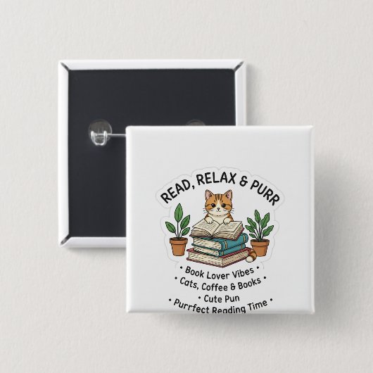 Read Relax & Purr – Cute Cat With Books Sticker |। 缶バッジ (正面&裏面)