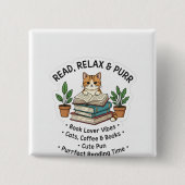 Read Relax & Purr – Cute Cat With Books Sticker |। 缶バッジ (正面)