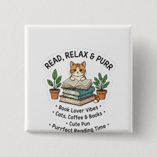 Read Relax & Purr – Cute Cat With Books Sticker |। 缶バッジ