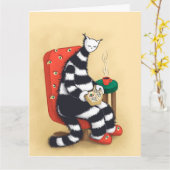 Reading Cat Illustration Cozy Bookworm Aesthetic カード (黄色い花)