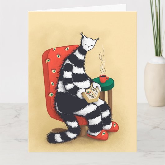 Reading Cat Illustration Cozy Bookworm Aesthetic カード (正面)