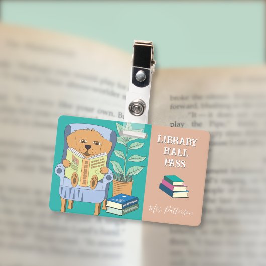 Reading Dog Horizontal Library Hall Pass Badge バッジ