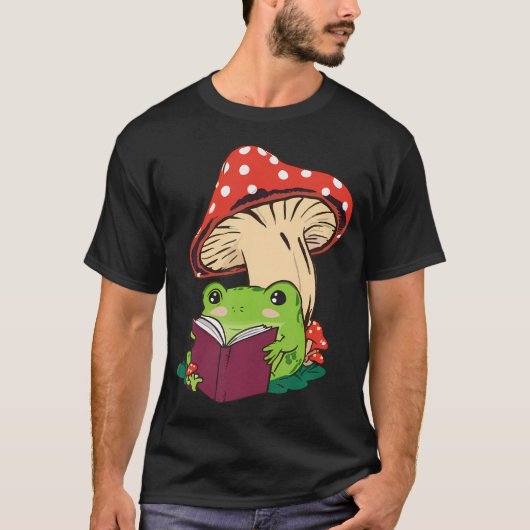 Reading Frog Mushroom Cute Nature Aesthetic Tシャツ (正面)