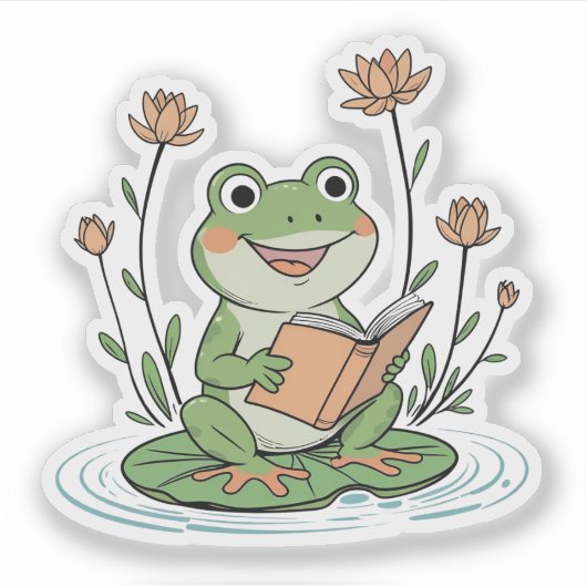 Reading Frog Sticker | Cute LilyPad Bookish Design シール (正面)