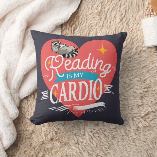 Reading is My Cardio Red Heart Raccoon クッション (ブランケット)