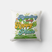 Reading is My Happy Place Colorful Throw Pillow クッション (正面)