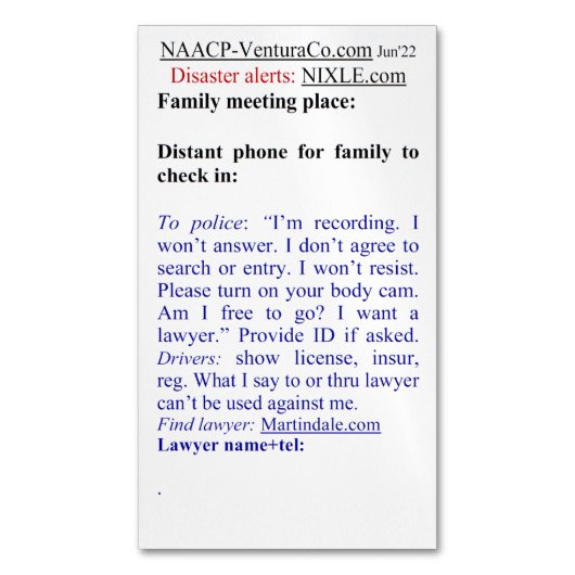 Ready for Emergencies: Disasters or Police マグネット名刺 (正面縦)