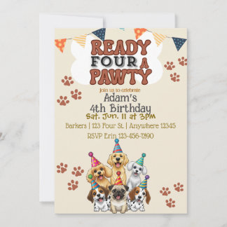 Ready FOUR a Pawty, Dog 4th Birthday Invitation 招待状