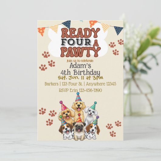 Ready FOUR a Pawty, Dog 4th Birthday Invitation 招待状 (スタンド正面)
