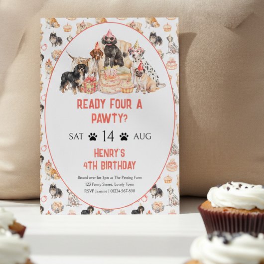 Ready Four a Pawty Neutral Dog 4th Birthday 招待状