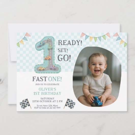 Ready Set Go First Birthday 招待状 (正面)