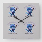 Ready to 遊: Blue ストライプの Baseball Cat スクエア壁時計 (正面)