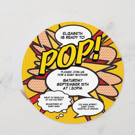 Ready to Baby Shawerポップ・アートのフォトおもしろいレトロ漫画 招待状 (正面/裏面)