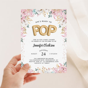 "Ready to Pop" フラワーベイビーシャワーバルーン 招待状