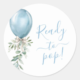 Ready To Pop Blue Balloon Bow Greenery Baby Shower ラウンドシール