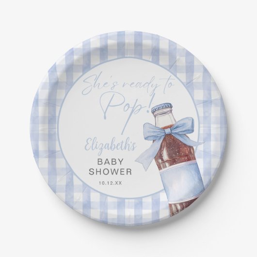 Ready To Pop Blue Bow Soda Bottle Baby Shower ペーパープレート (正面)