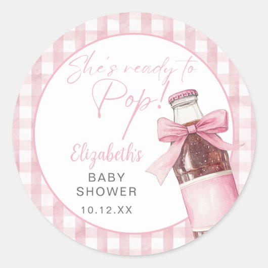 Ready To Pop Pink Bow Soda Bottle Baby Shower ラウンドシール (正面)