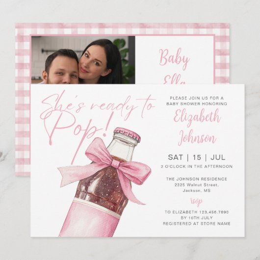 Ready To Pop Pink Soda Bottle Baby Shower Photo 招待状 (正面/裏面)