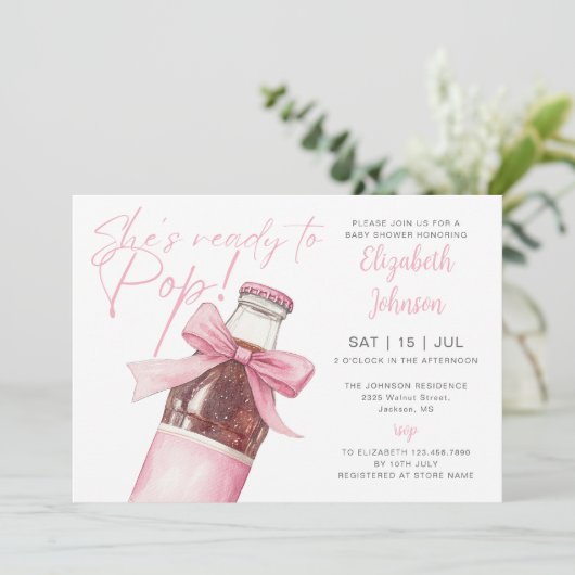 Ready To Pop Pink Soda Bottle QR Code Baby Shower 招待状 (スタンド正面)