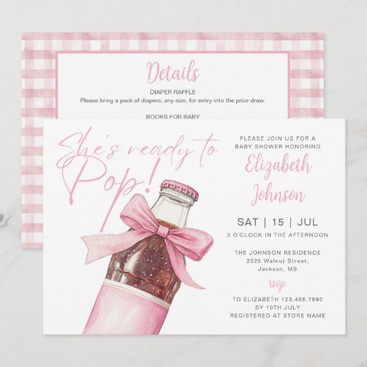 Ready To Pop Pink Soda Bottle QR Code Baby Shower 招待状 (正面/裏面)