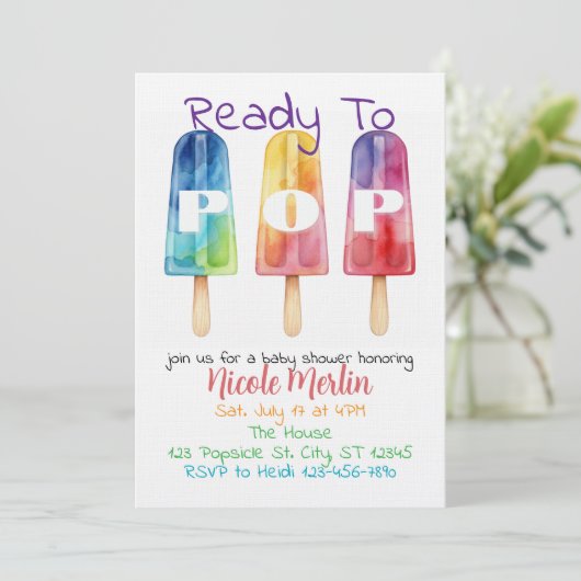 Ready To Pop, Rainbow Popsicle Baby Shower 招待状 (スタンド正面)