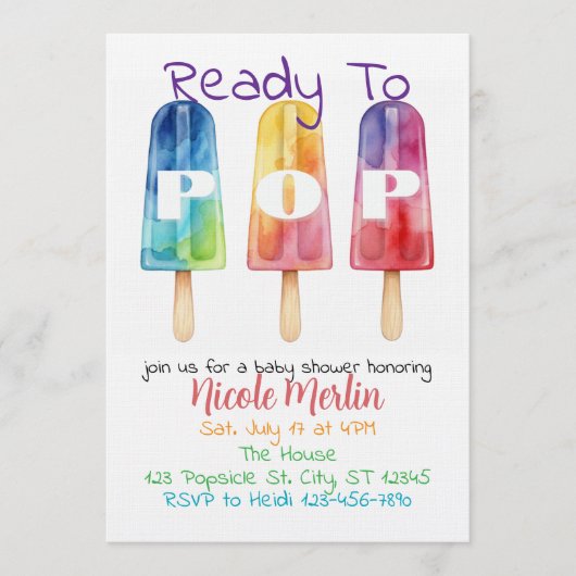 Ready To Pop, Rainbow Popsicle Baby Shower 招待状 (正面)