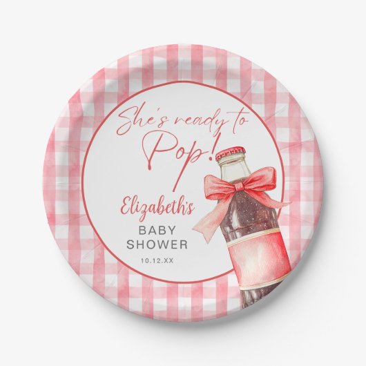 Ready To Pop Red Bow Soda Bottle Baby Shower ペーパープレート (正面)