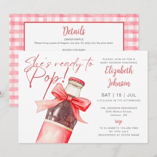 Ready To Pop Soda Bottle Bow QR Code Baby Shower 招待状 (正面/裏面)