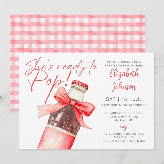 Ready To Pop Soda Bottle Red Bow Baby Shower 招待状 (正面/裏面)