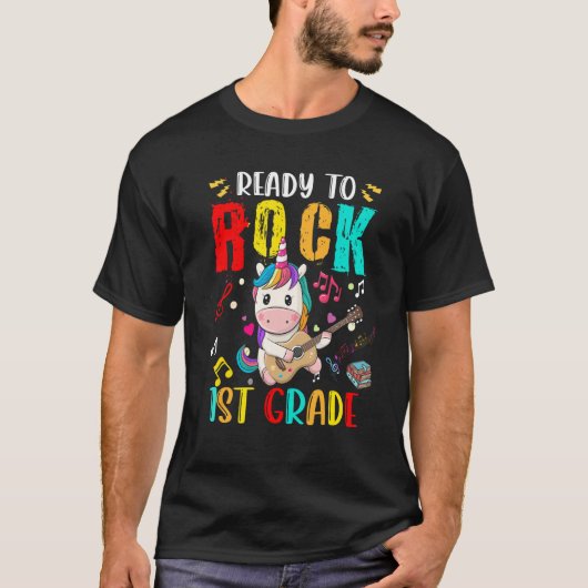 Ready To Rock 1st Grade Unicorn Playing Guitar Tシャツ (正面)