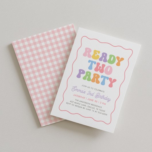 Ready Two Party ピンクのギンガムチェック 女子 2歳の誕生日 招待状