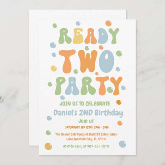 Ready Two Party, Boy Second Birthday Party 招待状 (正面/裏面)