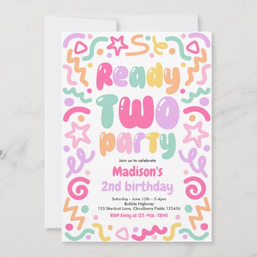 Ready Two Party Confetti Balloon 2nd Birthday  招待状 (正面)