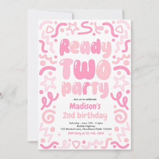 Ready Two Party Confetti Balloon 2nd Birthday  招待状 (正面)