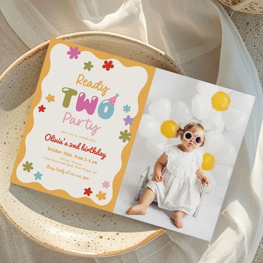 Ready Two Party Daisy Colorful 2nd Birthday Photo 招待状