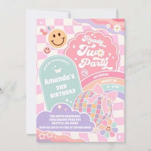 Ready Two Party Groovy Rainbow Disco 2nd Birthday  招待状 (正面)