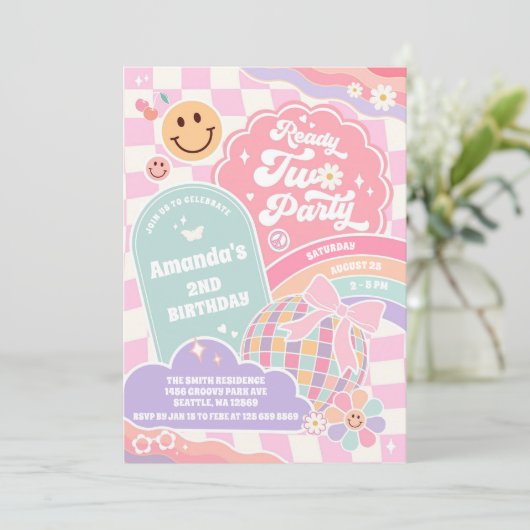 Ready Two Party Groovy Rainbow Disco 2nd Birthday  招待状 (スタンド正面)