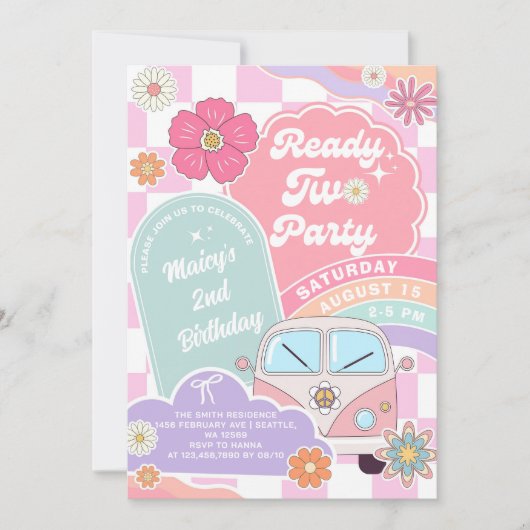 Ready Two Party Rainbow Daisy 2nd Birthday 招待状 (正面)