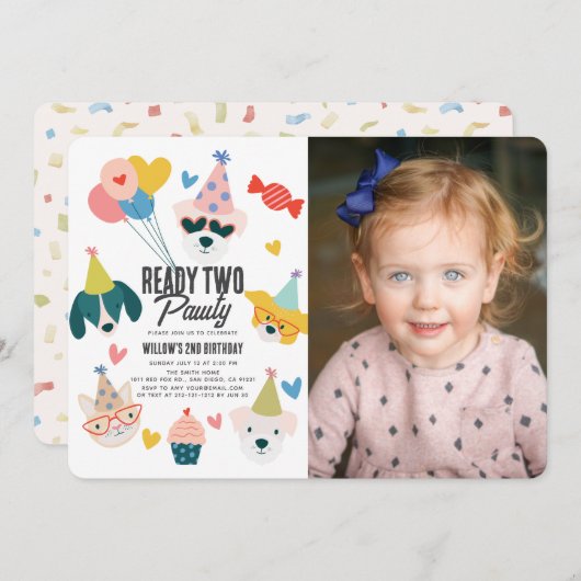 Ready Two Pawty Dogs & Cat Photo 2nd Birthday 招待状 (正面/裏面)