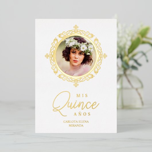 Real  Dorado XV Foto Español Efecto Encaje 箔招待状 (立ち正面)