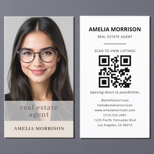 Real Estate Agent Beige Mocha QR Code Photo 名刺